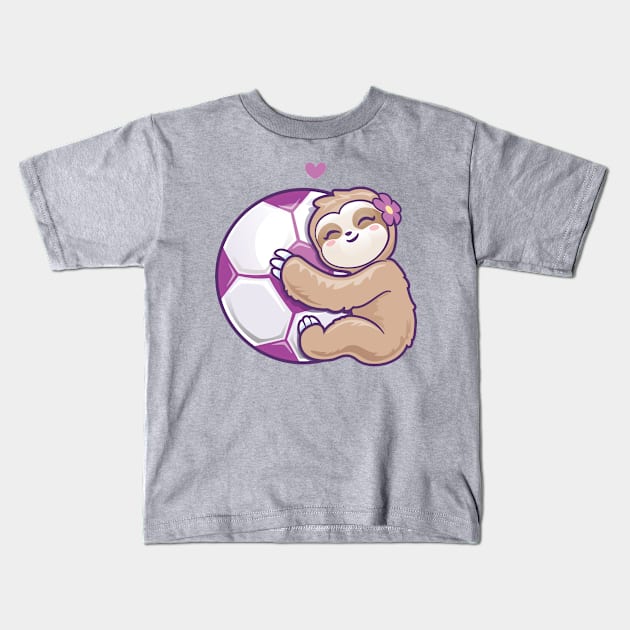 Girls Soccer Purple Football Cute Sloth Kids T-Shirt by PnJ